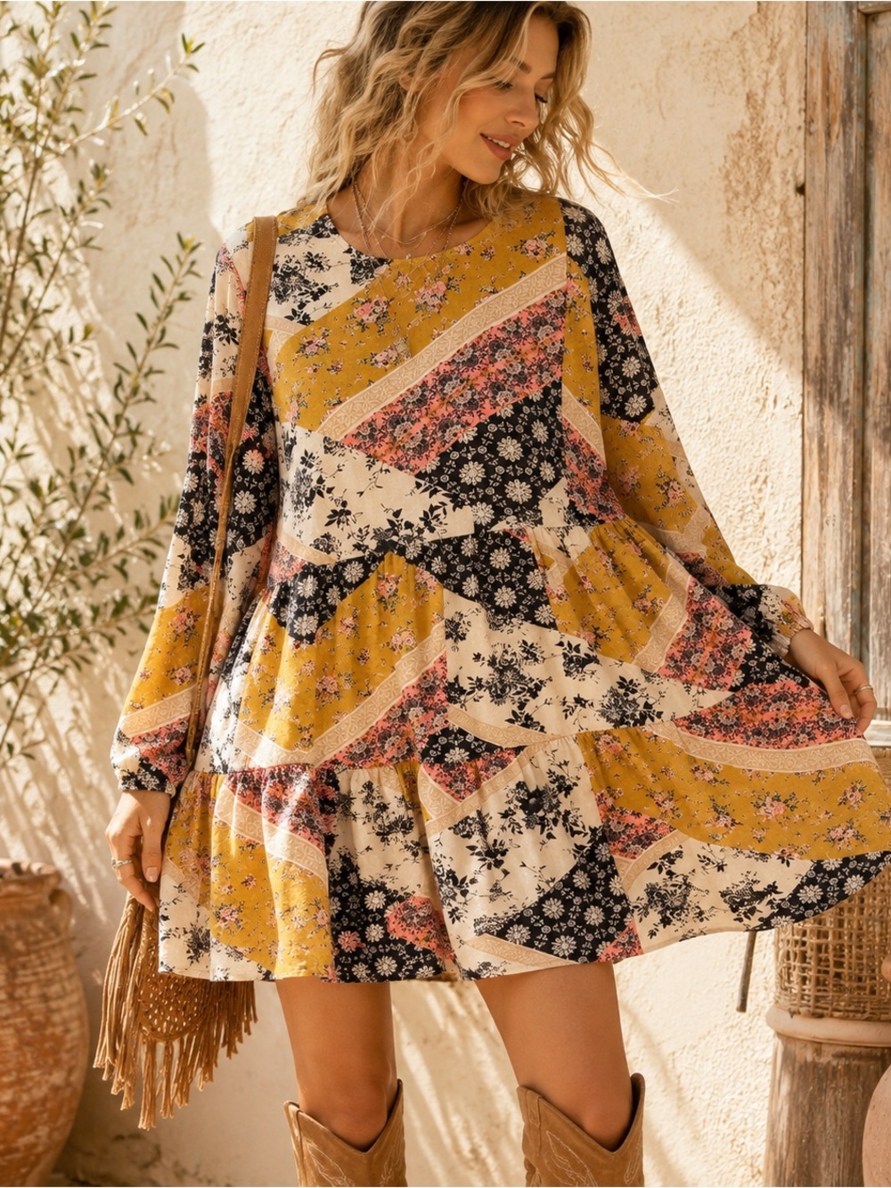 Jolt Boho Patchwork Floral Babydoll Tunic Dress Mustard Pink Black L